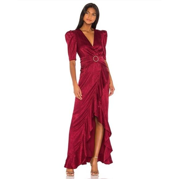 Song of Style Edwin Maxi Dress Cranberry Red Jacquard Puff Small New - Picture 1 of 16